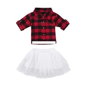 Roupas de bebê de natal para meninas infantil vermelho preto top xadrez + saias de renda tutu 2 pçs/conjunto moda outono natal crianças treliça conjuntos de roupas