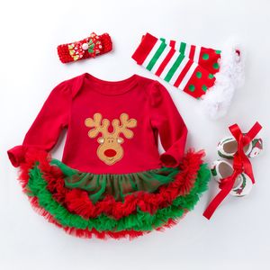 Noël bébé Tutu robe barboteuse vêtements ensemble bois de renne oreille conception body arc bandeau jambières chaussures 4 pièces/ensemble nouveau-né tenues de fête M4211