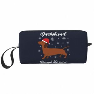 Navidad Dachshund a través de la nieve bolsa de aseo de viaje mujeres lindo perro cosmético maquillaje organizador belleza almacenamiento Dopp Kit U26E #