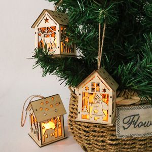 Decoraci￳n navide￱a Led Wooden Hanging House Christmas Santa Casas Ornamento con forma de luces Inicio del ￡rbol de Navidad Coltima colgante Th0285