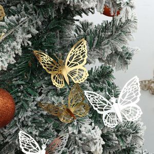 Decoraciones navideñas 12 piezas Pegatinas de mariposa Adornos de árbol Adorno de boda Hollow-out Textura de metal Decoración de fiesta