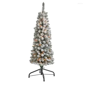 Decoraciones navideñas de 4 pies. Árbol artificial de lápiz flocado con 100 luces claras y 216 ramas flexibles