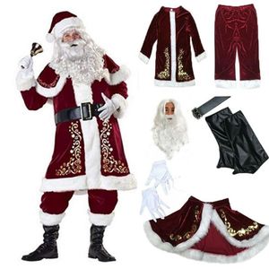 Décorations de Noël 9pcs Velvet Deluxe Père Noël Père Cosplay Costume Costume Adulte Fantaisie Robe Ensemble complet Sets339M