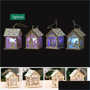 Decoraciones navideñas Cabaña de troncos de Navidad Cuelga Kit de artesanía de madera Rompecabezas Casa de juguete con vela Barra de luz Decoraciones para el hogar Regalo Gota Del Dhwmy