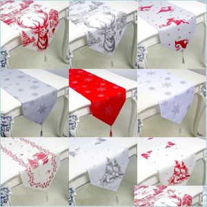 Décorations De Noël Chemin De Table De Noël 35X200 Cm Rouge Blanc Elk Flocon De Neige Nappe Drapeau De Fête De Noël Polyester Décor Drop Deliv Dh2Mf