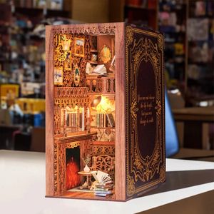 Decoraciones navideñas DIY Estante de madera para libros, kit de casa de muñecas, kits de construcción en miniatura, estantería 3D con sujetalibros ligeros, regalo 231113