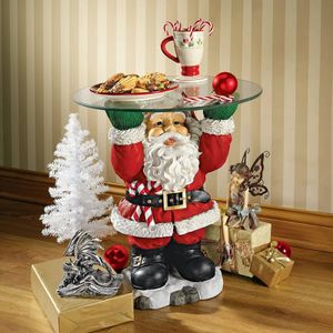 Décorations de Noël Résine Statues du Père Noël tenant une figurine de plateau de collation avec un support de friandises Gâteau Dessert Stand Assiette de fruits pour la fête de Noël 231128