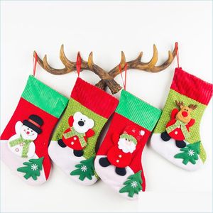 Décorations de Noël Père Noël Elk Bear Imprimer Année Chaussettes de Noël Bonbons Sac Cadeau Velours Bouche Moyenne Arbre de Noël Pendentif Decorat Dhr8E