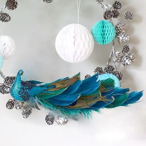 Decoraciones navideñas Simulación Decoración de pavo real Adornos colgantes para el hogar Clip de cinta 30.5 cm Plumas naturales Plástico Realista Pájaro de cola larga