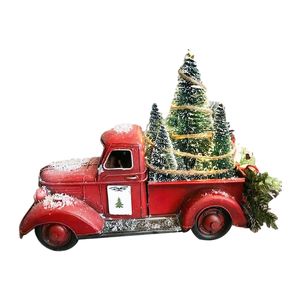 Décorations de Noël Jouet de camion rouge vintage avec mini arbres Ornement de voiture Vieux modèle de pick-up en métal pour la décoration 220914