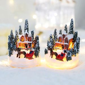 Décorations de Noël Décorations de fête de Noël Village House Figurine en forme lumineuse Micro Mini Table de salle à manger éclairée LED 231117