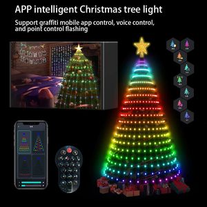 Décorations de Noël YBX-ZN Smart Christmas Tree Toppers Lights App DIY Picture LED RGB String Light Bluetooth Control LED Star String Waterfall 231214