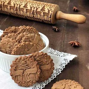 Christmas Embossed Rolling Pin Wood Carved Cookies Biscuit Fondant Dough Baking Engraved Printed Roller Holiday Gifts 211008
