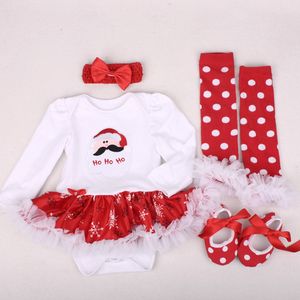 Noël filles bébé ensembles nouveau-né dentelle Tutu barboteuse robe pull bandeau chaussures 4 pièces ensemble père noël Bebe premier cadeau d'anniversaire