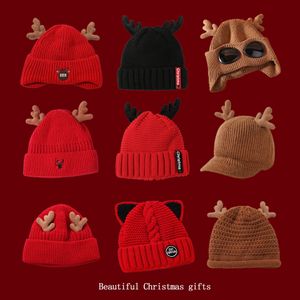 Chapeau de noël automne et hiver, nouveau chapeau tricoté rouge, bois et velours, chapeau chaud en laine pour femmes
