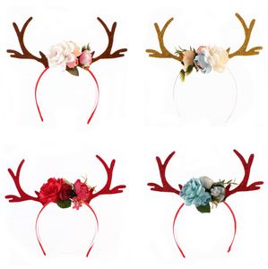 Diadema navideña Elk Deer Antlers Ear Hair Hoop con flores Antlers Costume