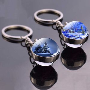 Bijoux de Noël Thème de Noël Verre Cabochon Porte-clés Père Noël Motif d'arbre de Noël Double face Boule de verre Porte-clés G1019