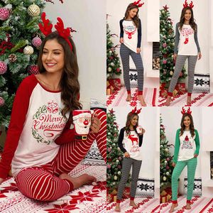 Pijamas de Navidad Conjuntos de dos piezas Mujeres Otoño Invierno Carta Elk Tree Imprimir Camisetas de manga larga + Raya Pantalones largos de lápiz Trajes para el hogar 210507