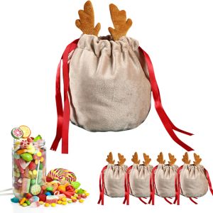 Sac cadeau de bonbons de renne de noël, sacs de père noël en velours, sacs cadeaux à cordon, décoration de noël, cadeaux de fête du nouvel an pour enfants