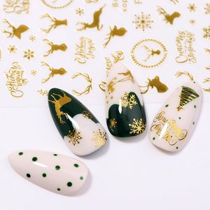 Adhesivo 3D para uñas de la serie navideña, pegatinas de transferencia con diseño de ciervo y nieve doradas coloridas, calcomanía deslizante, decoración artística de uñas DIY