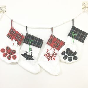 Bas de noël en coton avec patte de chat, bas à grille rouge, pendentif suspendu pour arbre de noël, sac cadeau de bonbons pour enfants