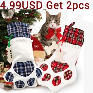Medias navideñas, bolsa de regalo decorativa para Año Nuevo 2020, bolsas de regalo de Navidad a cuadros, medias para mascotas, calcetines, colgante de árbol de Navidad