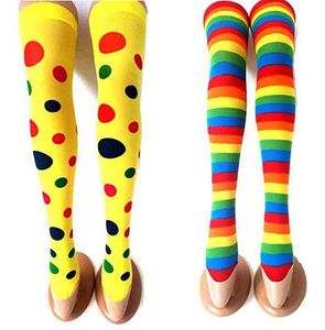 Medias navideñas Disfraz de fiesta de Halloween Cosplay Calcetines largos Arco iris Rayas Lunares Payaso Calcetines Anime japonés Accesorios Accesorios 70 cm