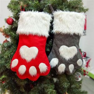 Medias navideñas Accesorios de decoración del hogar Bolsas de regalo de Navidad a cuadros Pata de gato para mascotas Calcetines colgantes Adornos para árboles de Navidad