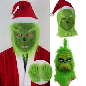 Natal roubou máscaras geek luvas cosplay monstro verde santa látex capacete com chapéus halloween carnaval festa traje adereços gc2360