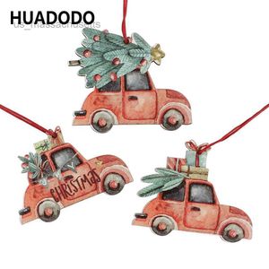 Jouet de Noël Huadodo 3pcs Camion de Noël vintage avec ornements d'arbres Décoration de Noël en bois pour Noël Ornement d'arbre Party Kids Gift L221110