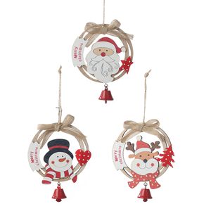 Ornamentos colgantes de árbol de Navidad Corona de madera hecha a mano Santa Elk Snowman con campanas Decoraciones de fiesta en casa XBJK2109