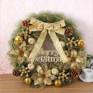 Corona para decoraciones navideñas, 50 CM, agujas de pino, guirnalda, colgantes, anillo de decoración dorada, regalo de Navidad