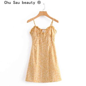 Chu Sau beauty Fashion Blogger Chic Vintage Floral Print Sling Dress Mujeres Casual Backless Bow Tie Mini Vestidos Mujer 210508