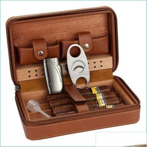 Accesorios para cigarros Accesorios para cigarros Humidor de madera de cedro portátil Estuche de viaje con envoltura de cuero Caja de 4 puros Humidores de almacenamiento Humidificador Fo Dhi29