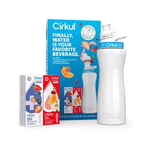 Cirkul Kit de démarrage de bouteille d'eau blanche en acier inoxydable de 22 oz avec couvercle bleu et 2 cartouches de saveur (punch aux fruits et baies mélangées)