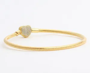 Juego de pulseras clásicas de corazón de diamante chapado en oro amarillo de 18 quilates Pulsera de cadena de serpiente de plata 925 para mujer Joyería de boda