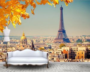 Papel tapiz 3d clásico Papel tapiz de estilo europeo 3d Hermosa Torre Eiffel romántica Ciudad europea Hojas de arce Papel tapiz mural de seda decorativo