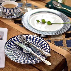 Classic blue color tableware sets bone china dinnerware suit ceramic western dinner set 4 pcs porcelain plates cup and saucer