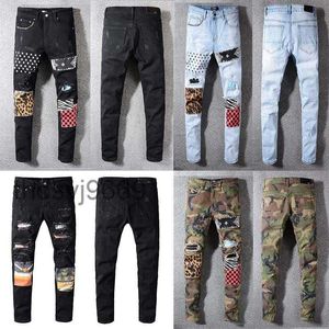 Vêtements classiques Jeans hommes et femmes de haute qualité imprimé armée vert imprimé léopard Destruction hommes droite moto Jean SG34