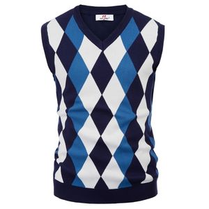 Clásico estilo inglés hombres tops de punto suéter elegante sin mangas con cuello en v contraste color delgado jersey tejido chaleco prendas de punto 211221