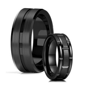 Classique hommes 8mm noir anneaux de mariage Double rainure biseauté bord brique motif brossé anneaux en acier inoxydable pour hommes