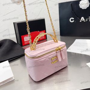 Clásico Mini Caja de maquillaje para mujer Monedero Bolsa para teléfono móvil Hardware Asa superior de metal Bolso de cadena delgada Bolsos de hombro diagonales Diseñador de lujo Encantador Rosa 17x12cm