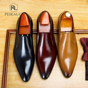 Classic Toe Business Men's Dress Zapatos de cuero genuino de cuero formal de boda hombres Slip on Office Oxford Shoes for Men LJ201015