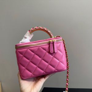 Sac de vanité matelassé classique pour femme Fuchsia noir avec dessus en miroir Co poignée fourre-tout GHW bandoulière épaule cosmétique étui or argent blanc sacs à main de créateur 17x13CM