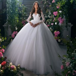 Robe de mariée classique à col transparent, robe de mariée princesse à manches longues avec traîne Court, 2023, 326 326