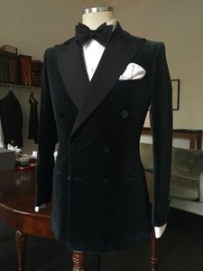 Style Classique Double Boutonnage Noir Velours Groom Tuxedos Peak Revers Hommes Costumes Mariage / Bal / Dîner Meilleur Blazer Homme (Veste + Pantalon + Cravate) W269