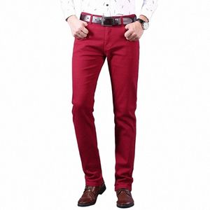 Pantalones vaqueros rojos de vino de estilo clásico para hombre Fi Busin pantalones elásticos de mezclilla rectos informales pantalones de marca masculina S1XA #