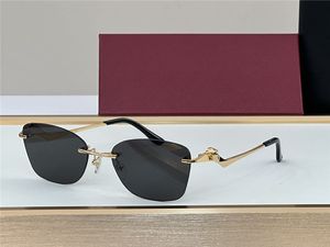 Gafas de sol clásicas, diseño de mujer, gafas de ojo de gato sin montura, lentes UV400, marco dorado, patillas de metal animal, gafas de verano 01200 con estuche