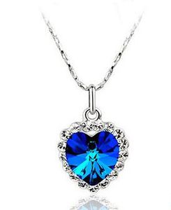 Classica Collar de cristal austriaco con corazón azul chapado en plata para mujeres y niñas, collar de corazón de amor de cristal, joyería de boda para amantes nupciales