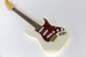 Guitare électrique classique à corps blanc avec manche en érable, pickguard en perle rouge, quincaillerie en or, offre des services personnalisés